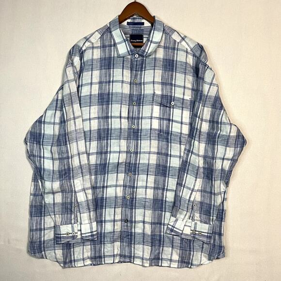 Tommy Bahama Men's Big & Tall Blue Plaid Short Sleeve Linen Button-Down Shirt - Picture 2 of 7